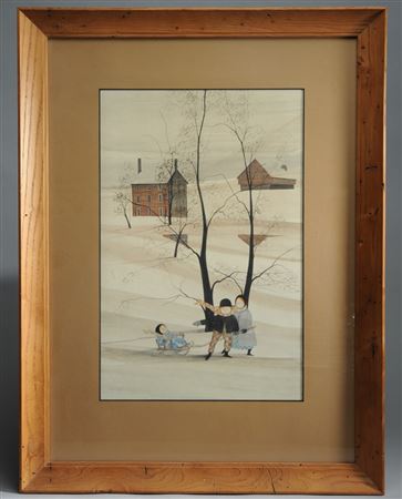 Winter landscape with a young boy and girl pulling a baby in a sled