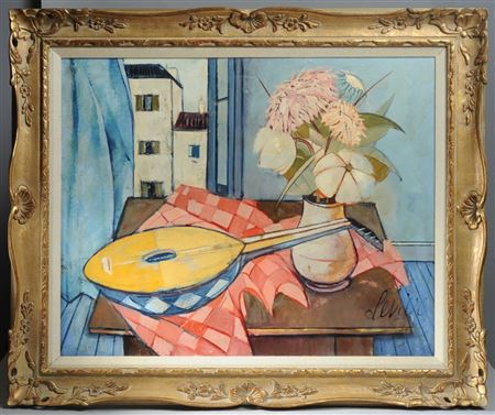 Mandolin on a table near a vase of flowers in a blue room, with buildings visible through the window beyond