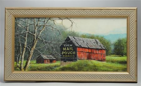 Dilapidated old red barn with an old "Chew Mail Pouch Tobacco" advertisement