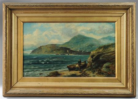 Coastal scene with whitecaps on the water and a rowboat pulled up in a rocky cove