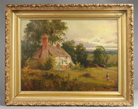 English Landscape at Dusk with Thatched Cottage