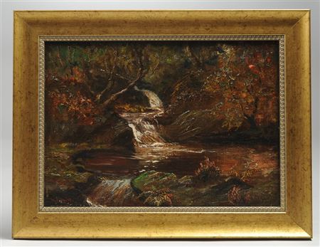 Woodland Landscape with Waterfall and Autumn Leaves