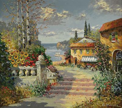 View of a Southern Terrace on a Lake Shore