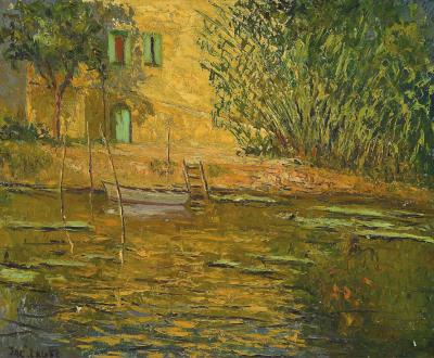 Impressionist view of a building on the water with reflections by Jac Laube - Auction record, sale price, and art valuation. Compare with similar artists and explore comparable artworks.