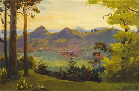 Panorama of the Trifels group with Annweiler seen from Hohenberg, evening light sensation, 1919