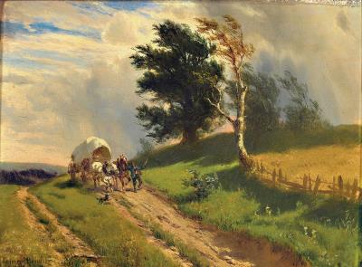 Southern German landscape with horse-drawn trailer in front of the storm