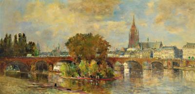 Frankfurter Panorama, view over the Main and the old bridge to the Kaiserdom St. Bartholomew