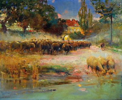 Flock of Sheep in Front of the Village