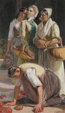 Young Provençal women at the market, one picking tomatoes
