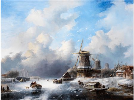 Winter Landscape with Windmills and Figures on Frozen Polder Lake by Jan Jacob Spohler - Auction record, sale price, and art valuation. Compare with similar artists and explore comparable artworks.