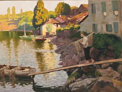 Young Fisherman and His Boat on the Lake Shore