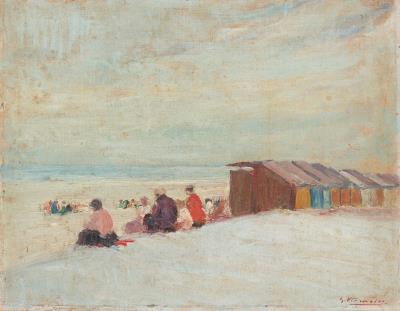 Family at the beach near the cabins