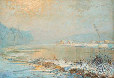 View of snow-covered lake by Georges Mineur - Auction record, sale price, and art valuation. Compare with similar artists and explore comparable artworks.