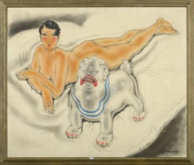 Nu couché au chien de Fo (Reclining Nude with Fo's Dog) by Rene Choprix - Auction record, sale price, and art valuation. Compare with similar artists and explore comparable artworks.