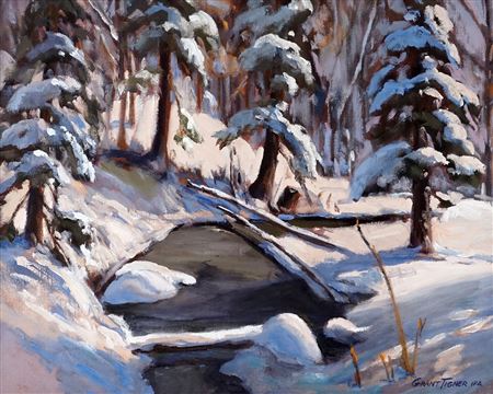 "Stream in winter" by Grant Tigner - Auction record, sale price, and art valuation. Compare with similar artists and explore comparable artworks.