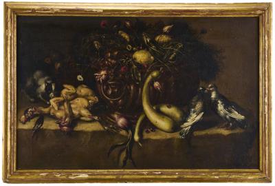 Composition with flowers and fruit, doves, cat and chickens