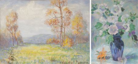 Wisconsin Fall Landscape & Floral Still Life - a pair