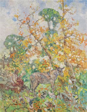 Impressionist Landscape with Donkey and Figure