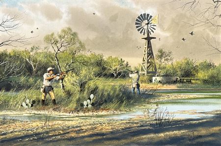 Dove Hunting Near Windmill And Stock Tank