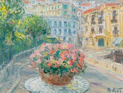 Still Life Of A Flower Basket On A French Street