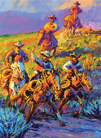 Sample artwork by Larry Pirnie (Born 1940), known for cowboy genre-horses, wood relief - View similar artists and auction records