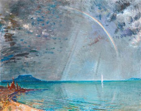 Rainbow over stormy Lake Balaton