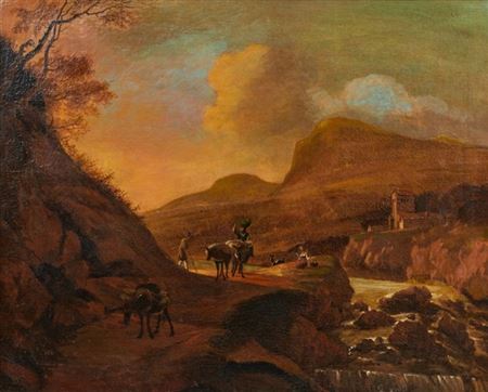Hilly river landscape with farmers