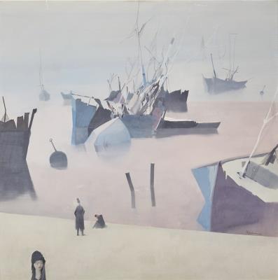 Coastal landscape with three figures