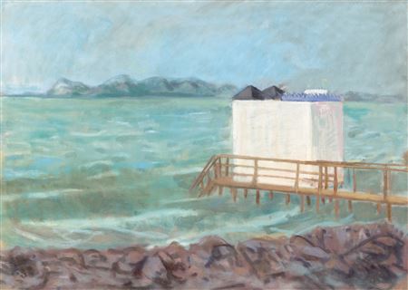 Shore of Lake Balaton with Bathhouse (Afternoon Vibes on the Southern Shore), 1930s