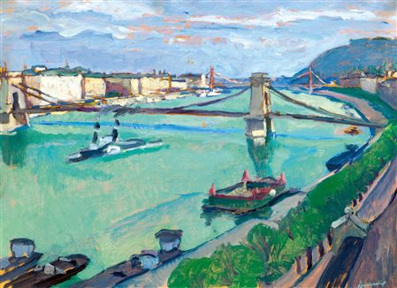 View of Budapest with a Bathhouse and the Old Elisabeth Bridge, c. 1930 by Ervin Kormendi-Frim - Auction record, sale price, and art valuation. Compare with similar artists and explore comparable artworks.