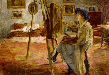 Female Painter in a Blue Beret with Model Reclined in the Background. 1904