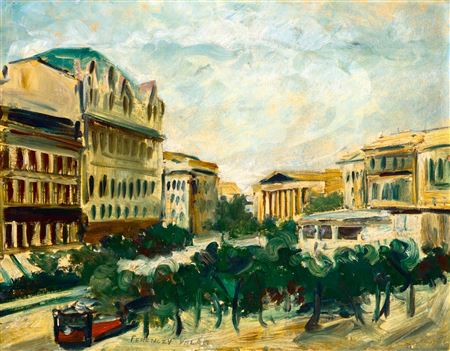 Múzeum Boulevard with Red Tram and the National Museum. c. 1930 by Valer Ferenczy - Auction record, sale price, and art valuation. Compare with similar artists and explore comparable artworks.