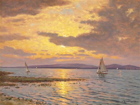 Sunset on Lake Balaton with Sailboats by Markus Rubovics - Auction record, sale price, and art valuation. Compare with similar artists and explore comparable artworks.