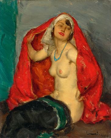 Flirtatios Model with Red Scarf and Pearls Necklace, 1936