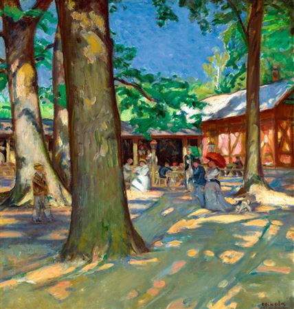 Liget Restaurant at Nagybánya, c. 1906 by Andreas Armas Mikola - Auction record, sale price, and art valuation. Compare with similar artists and explore comparable artworks.