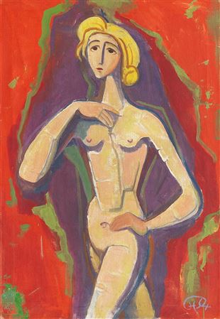 Standing nude girl in front of red , 1954.