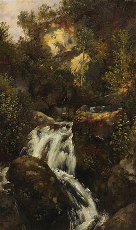 Rock study with waterfall (rushing torrent, surrounded by trees) , around 1830-1832.