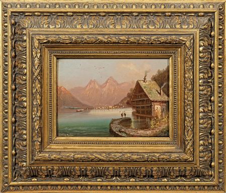 View of Switzerland with a view of the old Treib landing stage with the inn near Seelisberg on Lake Lucerne