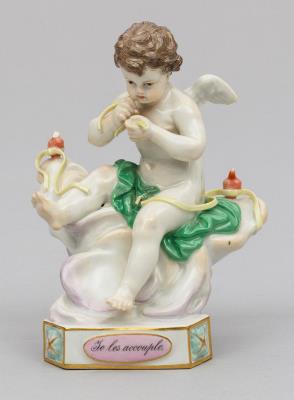 Cupid sitting on a cloud, joining two hearts with a ribbon