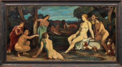 Bathing Diana with Nymphs, Dogs and Horses in an Arcadian Landscape