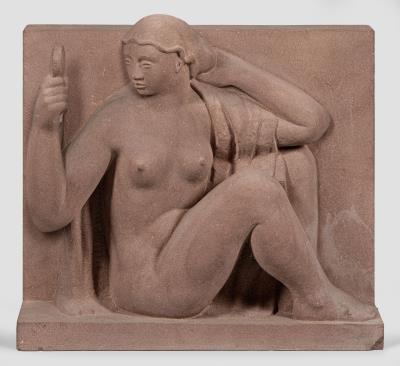 Sitting woman, looking into a hand mirror