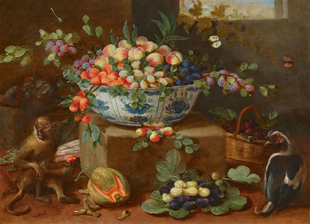 Still life of fruits with a monkey and bird of prey