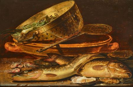 Still life with fish, prawns and oysters