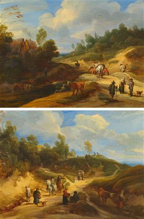 Pair of works: Landscape with cows by a body of water / Landscape with riders on a path