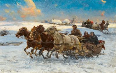 Horse drawn sleigh in a winter landscape
