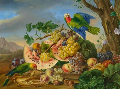 Still life of fruits with parrots