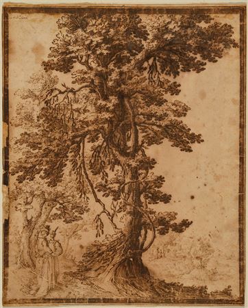Landscape with a couple out walking, beneath a mighty tree.