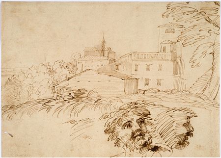 Mansion, church and monastery in the background, head study in the foreground
