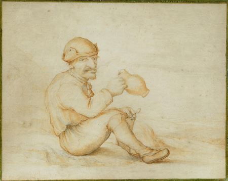 Peasant sitting in a landscape with a jug.