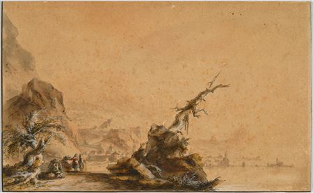 Mountainous lakeshore with people resting and a town in the background.